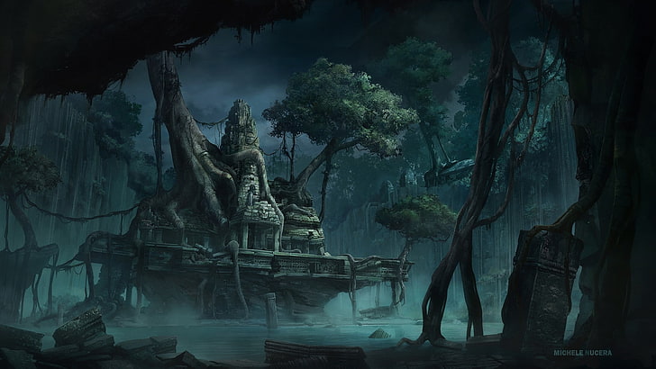 معبد ، غابة ، فن خيالي ، ميشيل نوسيرا، خلفية HD