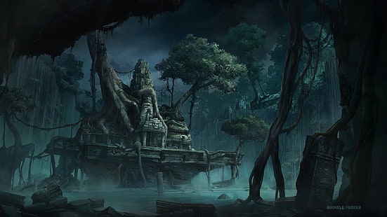 معبد ، غابة ، فن خيالي ، ميشيل نوسيرا، خلفية HD HD wallpaper