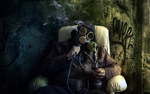 Hombre en gasmask bong ilustración, hookah, la situación, máscara de gas, Fondo de pantalla HD HD wallpaper