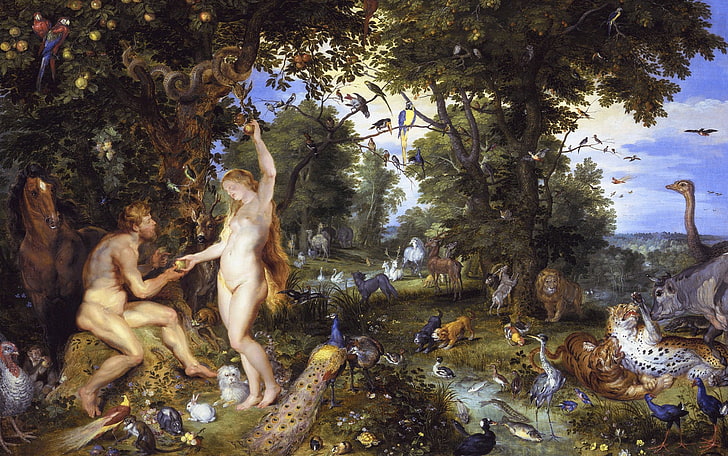 binatang, gambar, Eva, Adam, Peter Paul Rubens, mitologi, Jan Brueghel si penatua, Pieter Paul Rubens, Taman Eden dengan Kejatuhan Manusia, Wallpaper HD