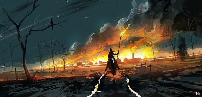 Pria yang menunggang kuda di depan wallpaper api, seni fantasi, malam, ilustrasi, karya seni, awan, langit, Dominik Mayer, api, Wallpaper HD HD wallpaper