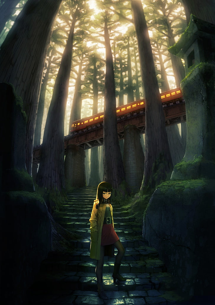 темноволосая девушка аниме персонаж обои, вертикаль, аниме, поезд, деревья, произведения искусства, оригинальные персонажи, лес, лестницы, HD обои, телефон обои