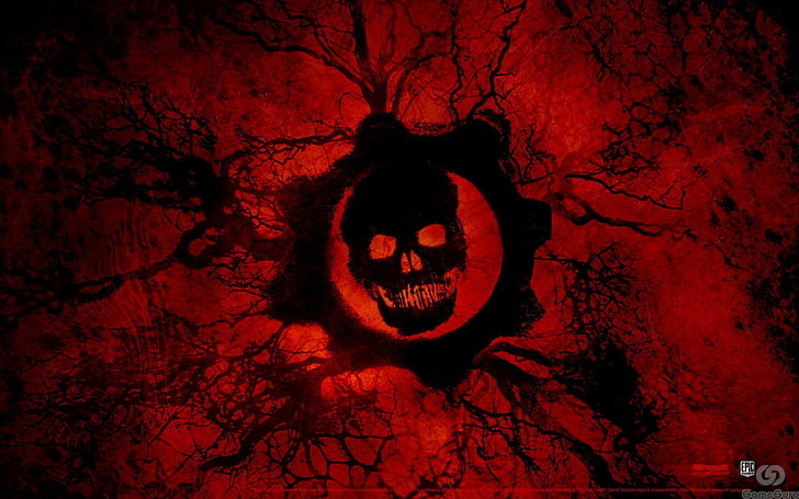 خلفية Gears of War باللونين الأسود والأحمر ، وألعاب الفيديو ، و Gears of War ، والجمجمة، خلفية HD