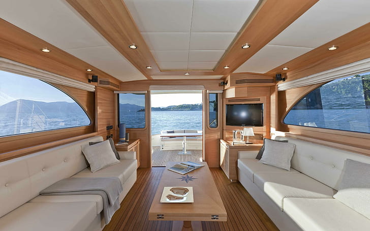Interior del yate, interior del yate marrón y blanco, fotografía, 2560x1600, océano, barco, sofá, interior, yate, lujo, Fondo de pantalla HD