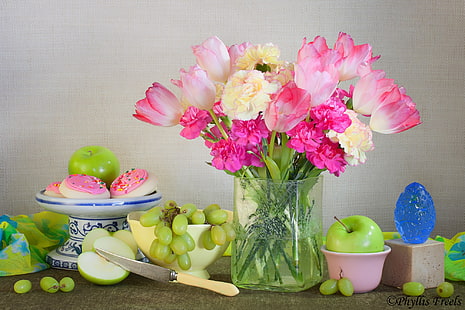  food, fruit, apples, grapes, flowers, plants, still life, HD wallpaper HD wallpaper