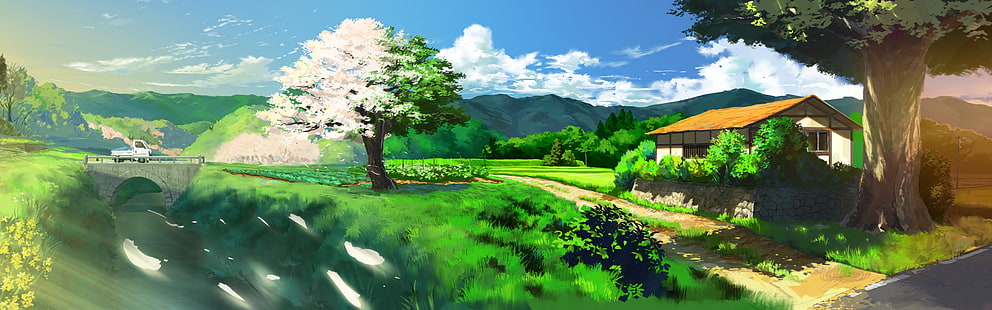 árvores verdes, casas marrons e montanhas, pintura, obras de arte, anime, HD papel de parede HD wallpaper