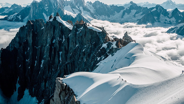 Aiguille du Midi, планинска верига, планина, хребет, фотография, сняг, масив, Франция, небе, ски, ледник, среща на върха, HD тапет