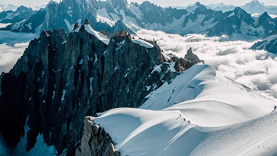 エギーユ・デュ・ミディ、山脈、山、尾根、写真、雪、山塊、フランス、空、スキー、氷河、山頂、 HDデスクトップの壁紙 HD wallpaper