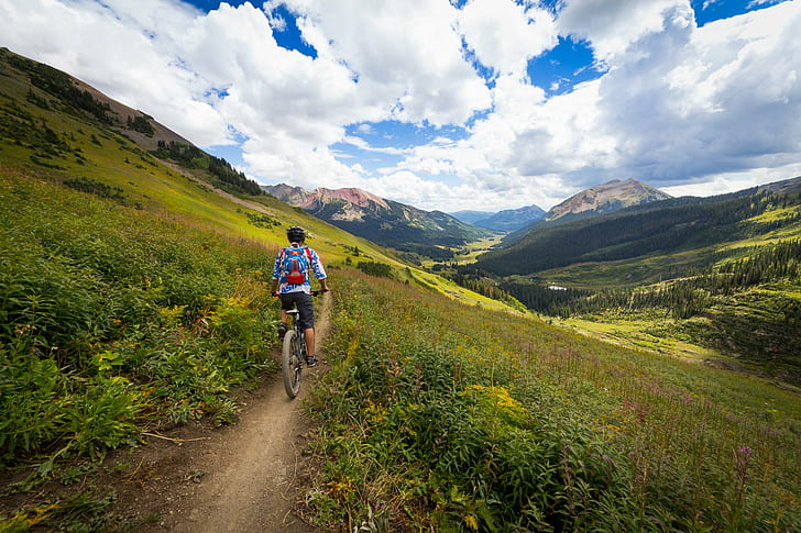 man riding mountain bike on pathway near green grass during daytime, crested butte, crested butte, Crested Butte, Trail, man, riding mountain, pathway, green grass, daytime, Adventure, Canon, 60D, Clouds, Colorado, Mountain Biking, Sigma, cycling, bicycle, mountain, sport, outdoors, nature, people, men, summer, activity, exercising, healthy Lifestyle, action, mountain Bike, landscape, recreational Pursuit, HD wallpaper