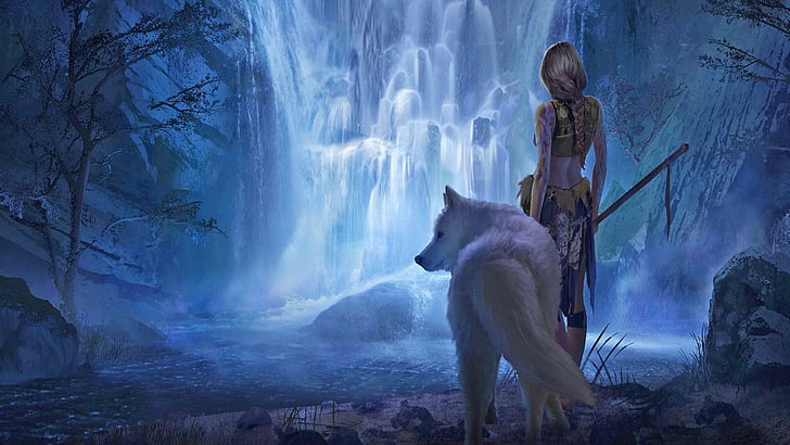 белый волк, фэнтези-арт, водопад, голубоватый, природа, вымышленный персонаж, волк, лес, тьма, мифология, произведение искусства, HD обои