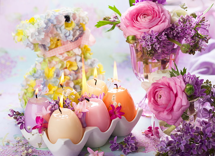 egg scented candles, flowers, candles, Easter, vase, lilac, Ranunculus, HD wallpaper