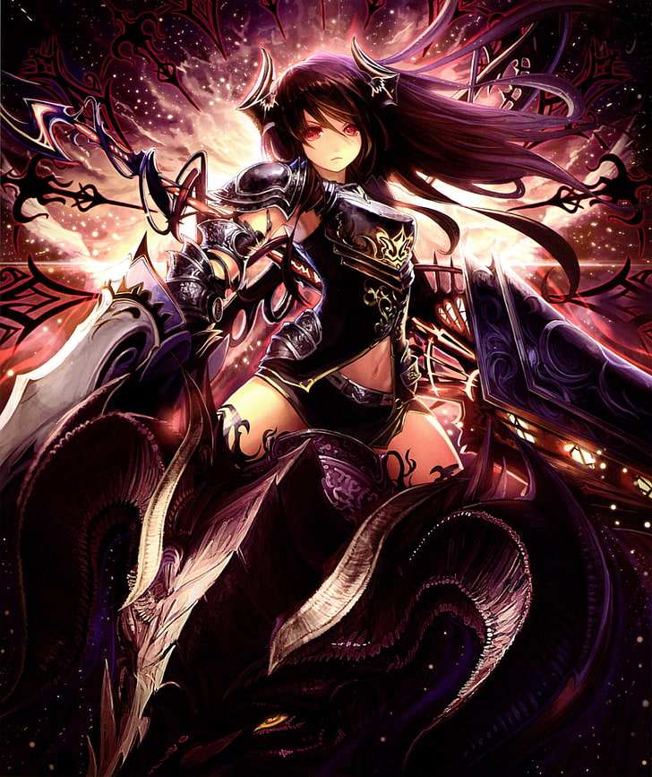 illustrazione femminile dai capelli neri, Shingeki no Bahamut, armature, corna, occhi rossi, Drago Oscuro (Shingeki no Bahamut), Sfondo HD, sfondo telefono