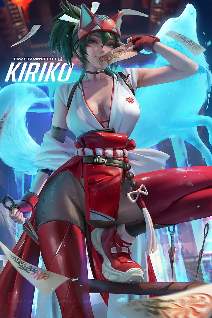 Kiriko (Overwatch), Sakimichan, Overwatch, гледащ към зрителя, кафяви очи, HD тапет, тапет за телефон