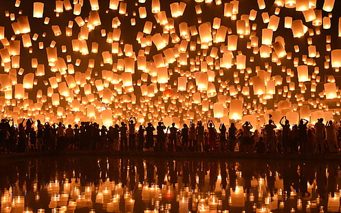 banyak lentera langit krem, Chiang Mai, Loi Krathong Festival, Floating Lanterns, Wallpaper HD HD wallpaper