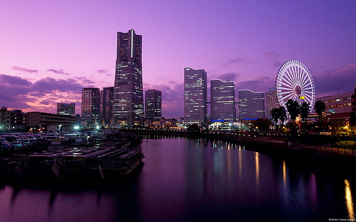 градски пейзаж, виенско колело, небостъргач, река, Токио, HD тапет