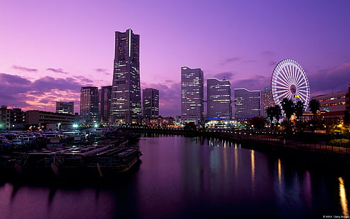 градски пейзаж, виенско колело, небостъргач, река, Токио, HD тапет HD wallpaper