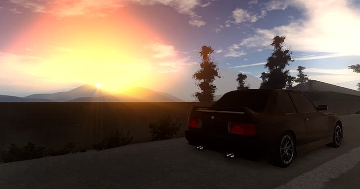 Bmw E30 m3, sunset, mountains, traffic barrier, highway, trees, Roblox, Pacifico (Roblox Game), clouds, HD wallpaper