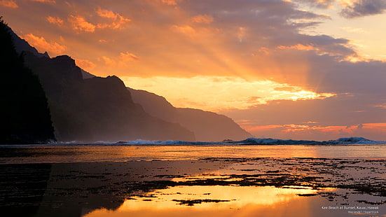 Ки-Бич на закате, Кауаи, Гавайи, пляжи, HD обои HD wallpaper
