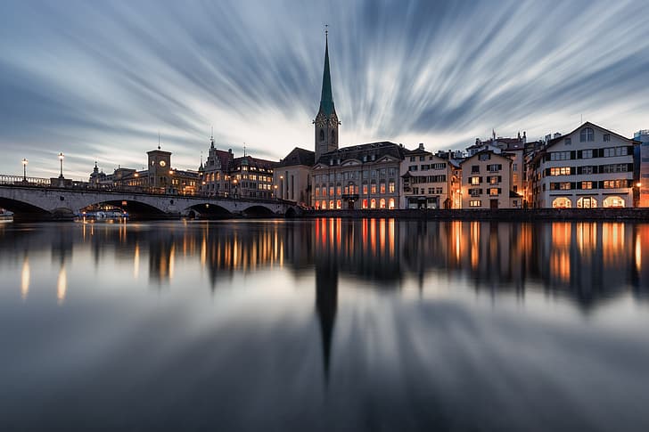 Цюрих, Швейцария, Европа, фотография, длительная выдержка, город, мост, архитектура, отражение, река, облака, HD обои