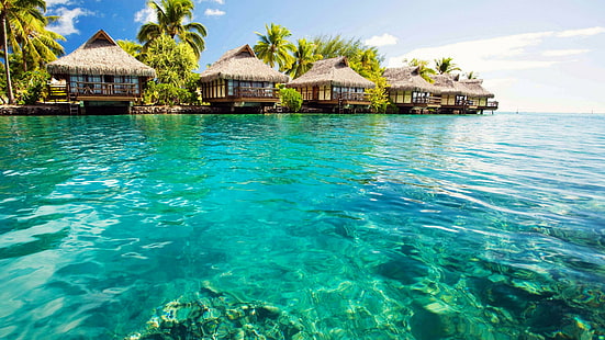 overwater, bungalow, summer, sea, resort, water, bahamas, tropics, leisure, vacation, tourism, resort town, HD wallpaper HD wallpaper