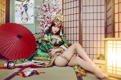 look, girl, light, decoration, flowers, red, face, pose, green, style, background, room, feet, interior, umbrella, makeup, figure, hairstyle, costume, lantern, outfit, floor, image, brown hair, legs, Asian, hip, sitting, cosplay, long-haired, headdress, barefoot, HD wallpaper HD wallpaper