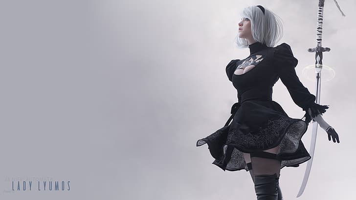 2B (Nier: Automata), cosplay, stockings, black stockings, cleavage, thigh high boots, HD wallpaper