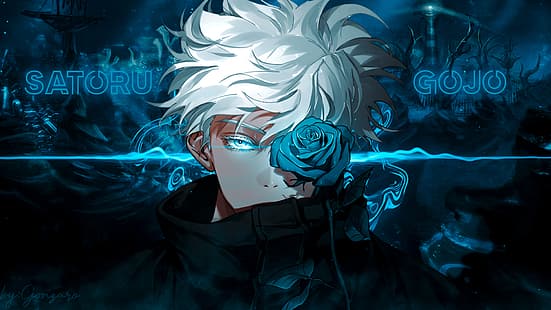 Satoru Gojo, blaue Augen, Jujutsu Kaisen, Jujutsukaisen, weiße Haare, blaue Blumen, Anime Boys, Anime, HD-Hintergrundbild HD wallpaper
