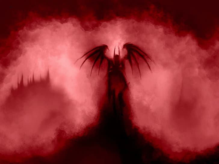 Alan Mealor, demon, smoke, red, wings, smoke background, Devil, red background, artwork, ArtStation, HD wallpaper