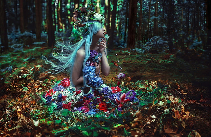fantasy girl, colorful, nature, women, model, flowers, Kindra Nikole, HD wallpaper