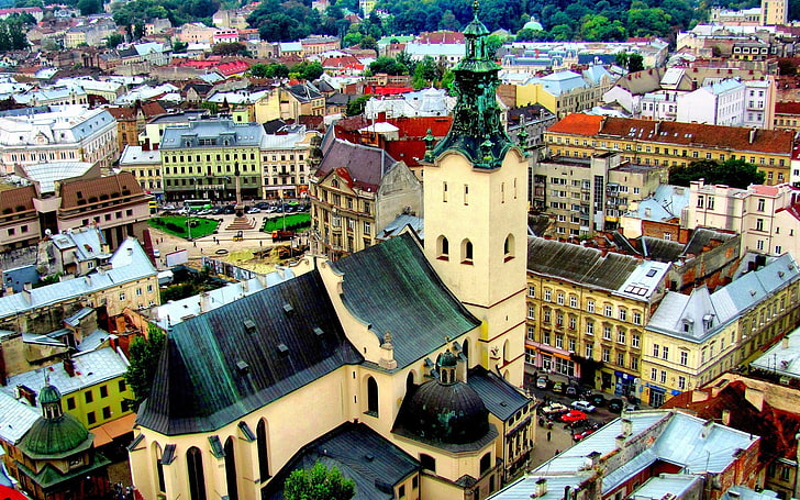 foto vista aerea della cattedrale, città, Sfondo HD