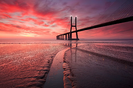 bro, hav, Vasco da Gama Bridge, Portugal, lila himmel, skymning, solnedgång, HD tapet HD wallpaper