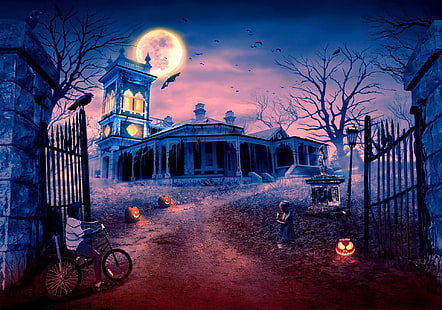 Праздник, Хэллоуин, Летучая мышь, Дом с привидениями, Джек-о-фонарь, Маленькая девочка, Луна, Ворон, Страшно, HD обои HD wallpaper