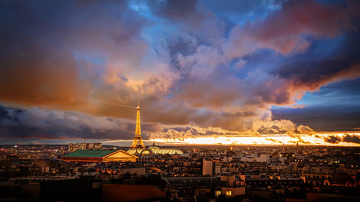 Айфелова кула, облачно, хоризонт, кула, Париж, Франция, градски пейзаж, вечер, здрач, Европа, HD тапет