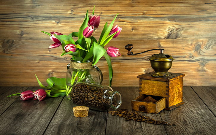 flowers, bouquet, tulips, wood, coffee beans, coffee, grains, coffee grinder, grinder, HD wallpaper