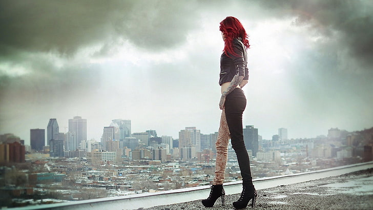 women's black leather jacket and black pants, redhead, women outdoors, city, cityscape, high heels, sky, legs, women, model, outdoors, tattoo, HD wallpaper