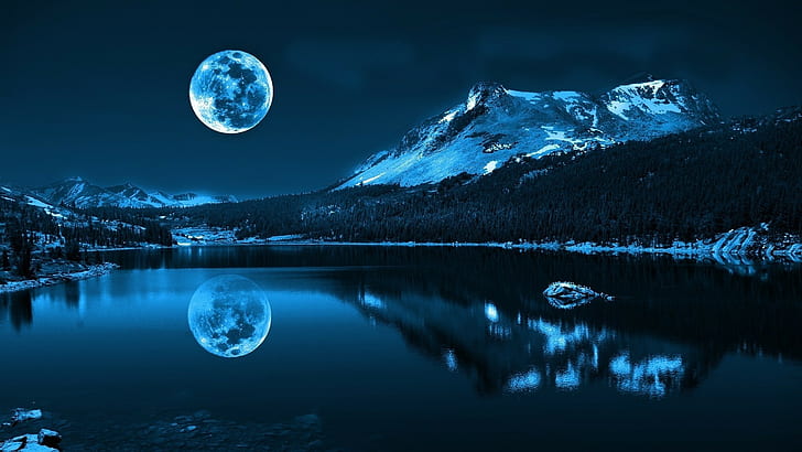 blu, foresta, lago, paesaggio, luna, chiaro di luna, montagna, natura, stagno, alberi, acqua, inverno, Sfondo HD