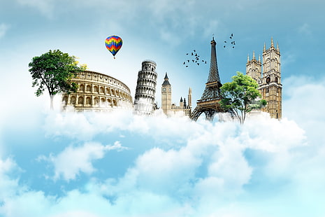 иллюстрация известных достопримечательностей, небо, путешествия, памятники, известные места, HD обои HD wallpaper