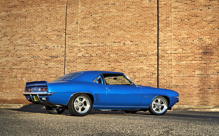 blaues Ford Mustang-Coupé, Chevrolet Camaro, Muskelauto, Auto, Blau, Seitenansicht, HD-Hintergrundbild