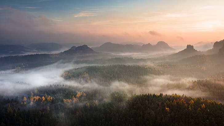 nature, landscape, clouds, sky, mist, trees, fall, forest, far view, Saxon Switzerland, Switzerland, HD wallpaper