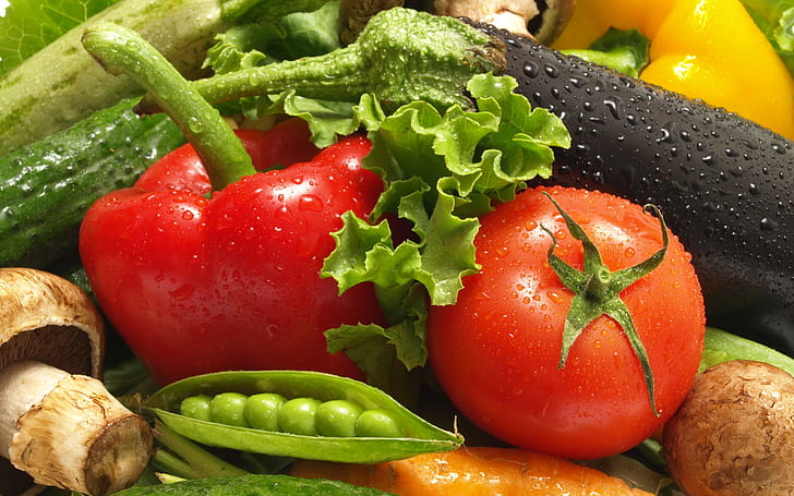 Vegetables, Red pepper, Tomato, Eggplant, Pea, Water drops, Fresh, Close Up, vegetables, red pepper, tomato, eggplant, pea, water drops, fresh, close up, HD wallpaper