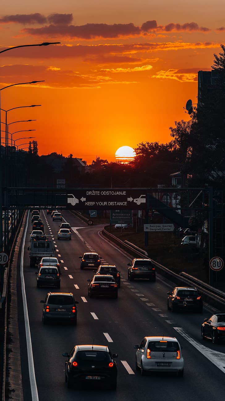 highway, Sun, sunset, car, portrait display, HD wallpaper