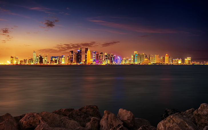 Doha Skyline, city, citylights, cityscape, dohaqatar, longexposure, night, photography, qatar, skyline, urban, water, HD wallpaper