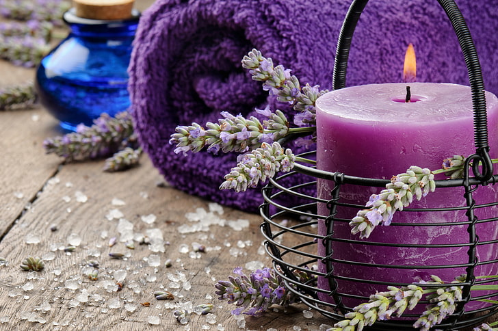 lila Stumpenkerze, Öl, Kerze, Handtuch, Lavendel, HD-Hintergrundbild