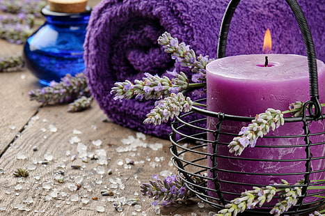 lila Stumpenkerze, Öl, Kerze, Handtuch, Lavendel, HD-Hintergrundbild HD wallpaper