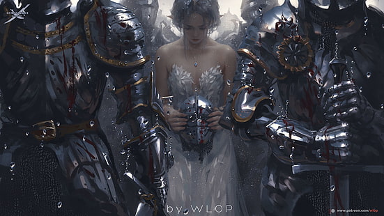 женщина в окружении гладиаторских постеров, аниме девушки, WLOP, Ghost Blade, рыцарь, HD обои HD wallpaper
