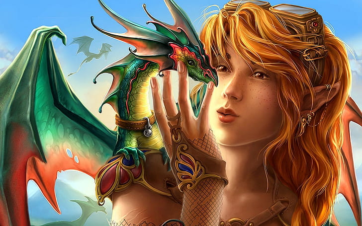 Dragon HD, woman with dragon illustration, fantasy, dragon, HD wallpaper