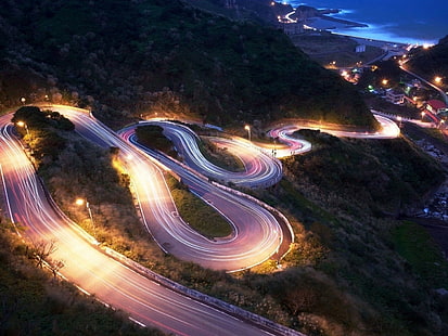 timelapse photography of road, Touge, hairpin turns, light trails, road, zig zag, long exposure, HD wallpaper HD wallpaper