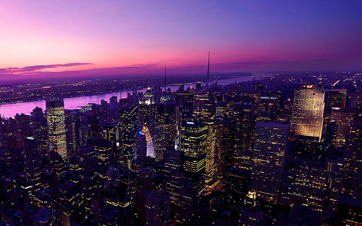 градски сгради, Ню Йорк, залез, град, градски пейзаж, HD тапет