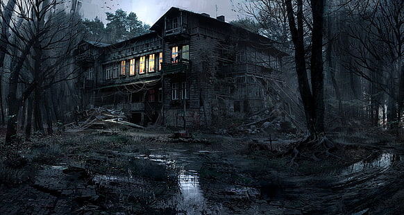 дом, огни, природа, деревья, лес, ночь, жутко, темно, грязь, фотография, фотошоп, HD обои HD wallpaper