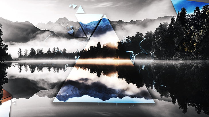 pintura abstracta azul y blanca, río, agua, árboles, montañas, nubes, reflejo, Fondo de pantalla HD